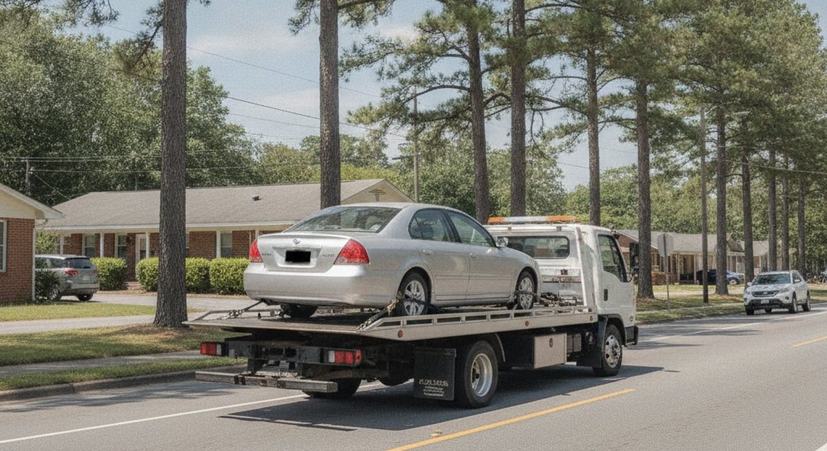 Car secured on a flatbed tow truck in Fayetteville NC