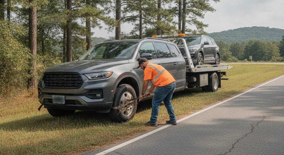 Flatbed tow truck loading a car in Fayetteville NC